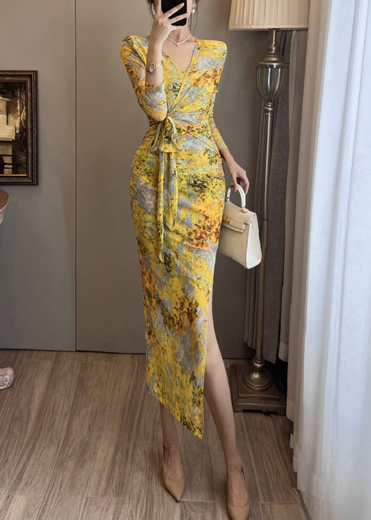 Robe de soirée en tulle imprimé jaune, ouverture latérale, été - Amawinc