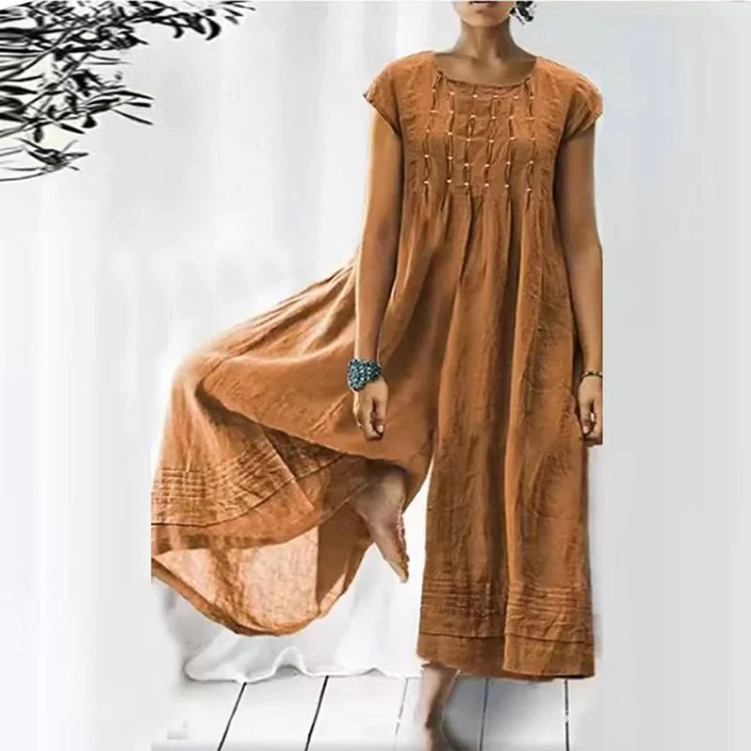 Robe Femme Bohème Amawinc Longue Aérée Coupe Fluide Manches Courtes Encolure Ronde Coton Mélangé Léger