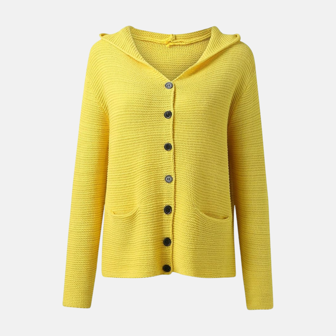 Cardigan En Maille À Capuche Pour Femmes Coupe Décontractée Bouton Devant Poches Patch Poignets Côtes