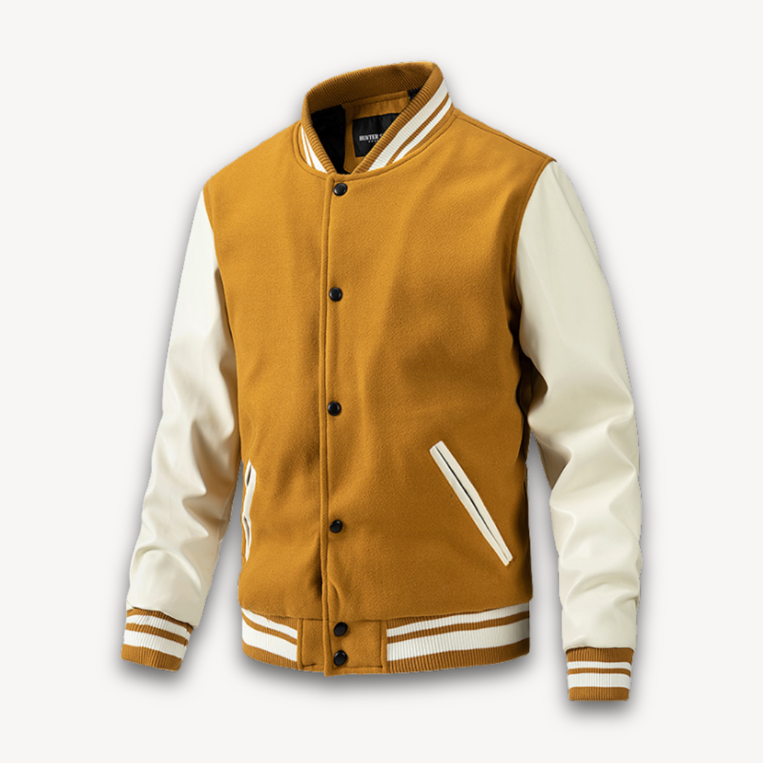 Veste Varsity Homme À Coupe Classique Avec Corps À Aspect Laine Et Manches En Cuir Fermeture Boutons-Pression