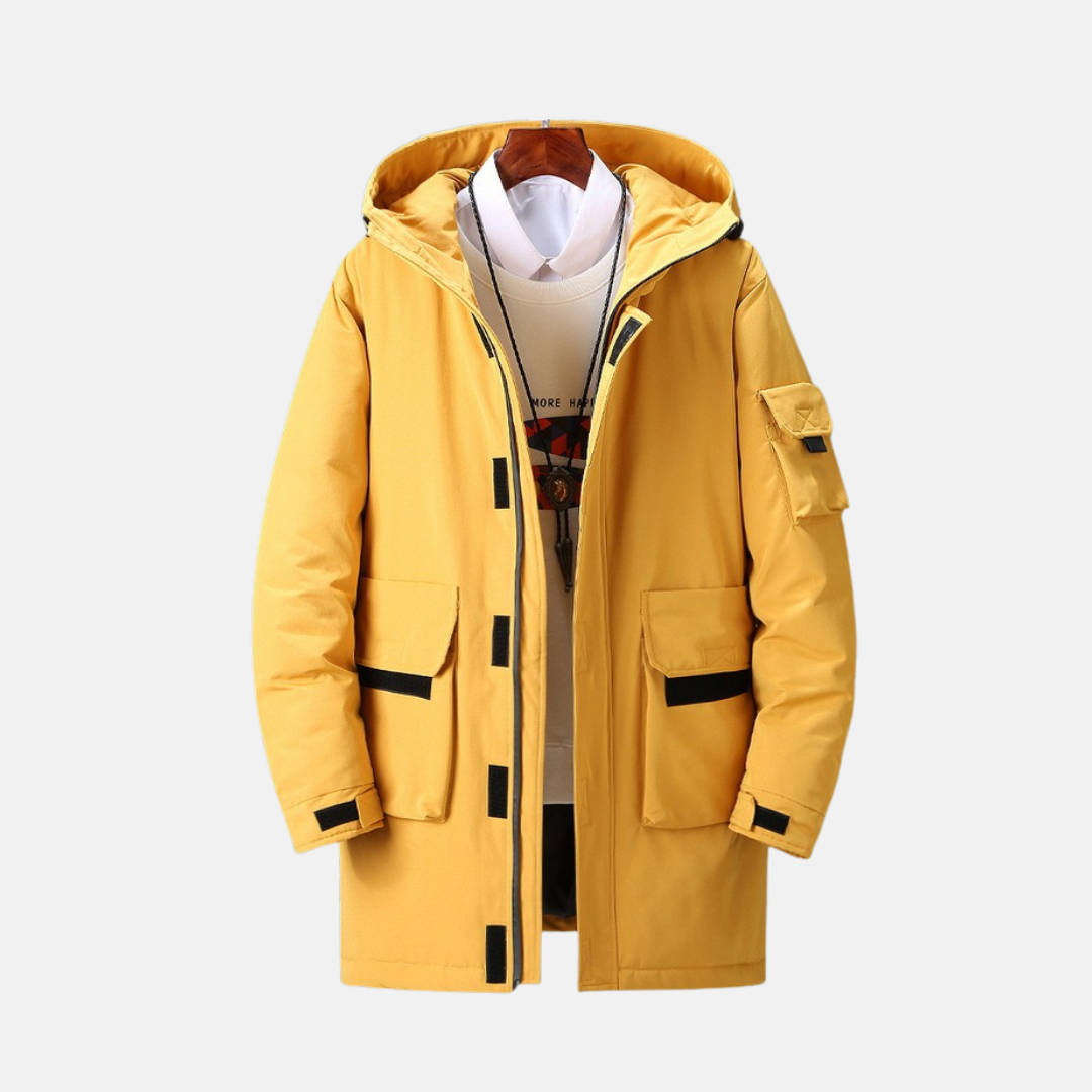 Manteau Hiver À Capuche Pour Hommes En Tissu Tissé Longueur Mi-Cuisse Réglables Poignets