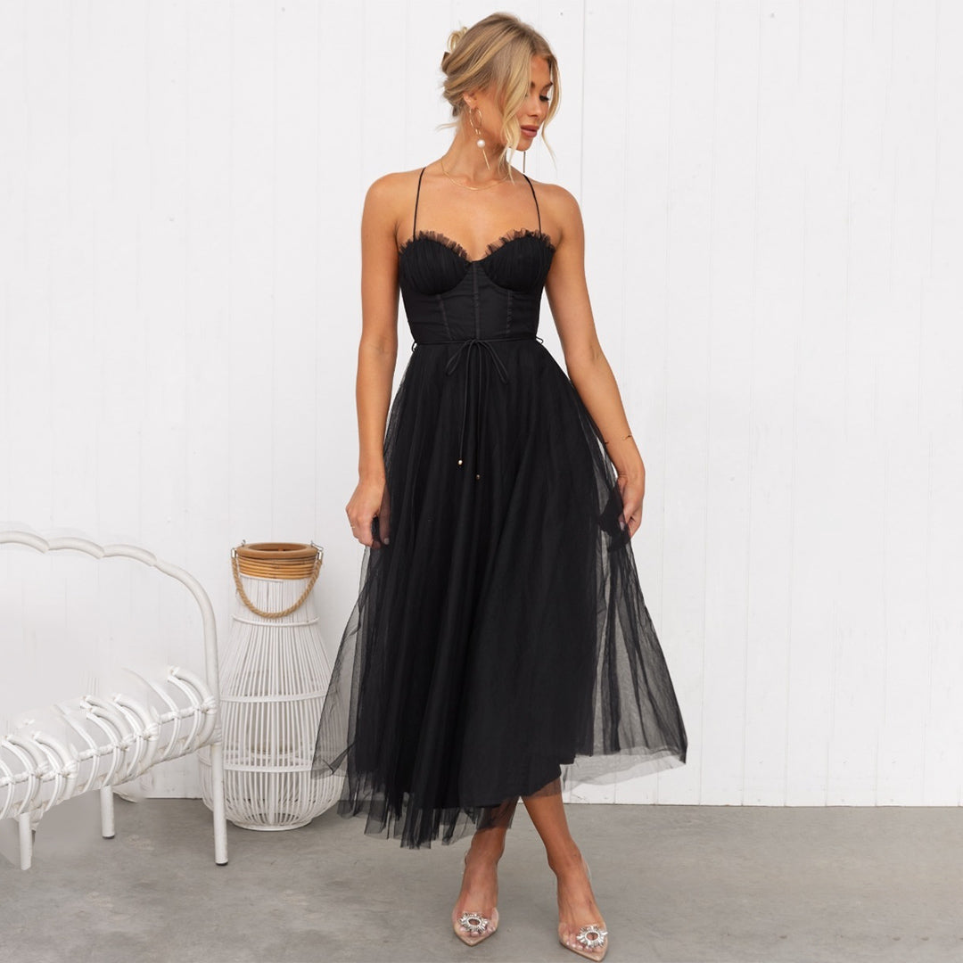 Robe Midi Sans Bretelles Décolleté En Cœur Coupe A Ligne En Tulle À Couches Pour Fêtes Élégantes