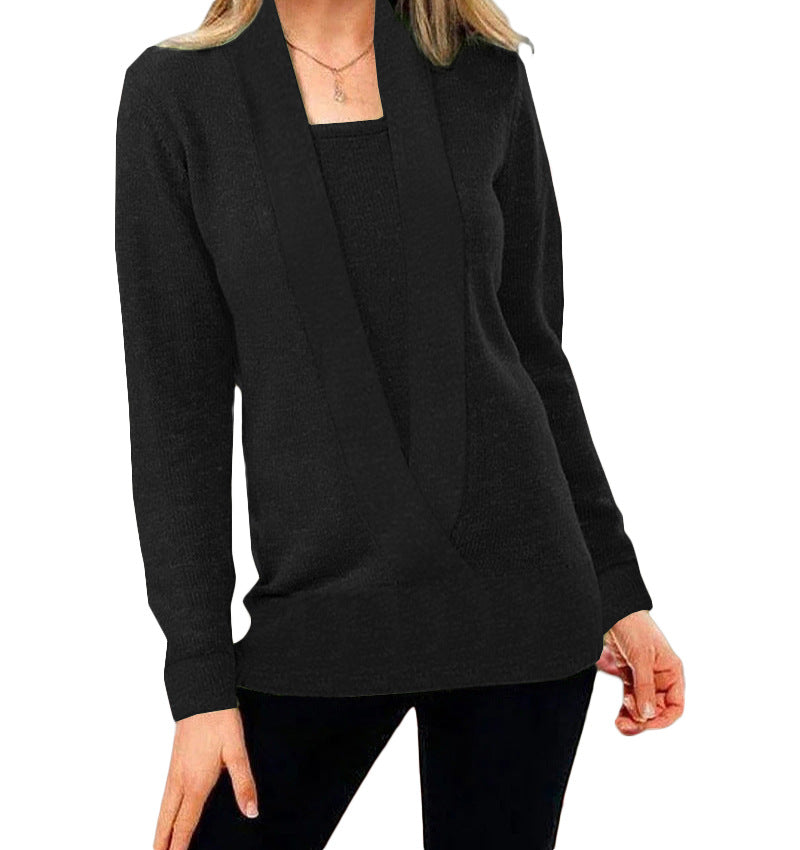 Denny Knit Solid Deep V-Neck Two-Piece Pullover Jacket