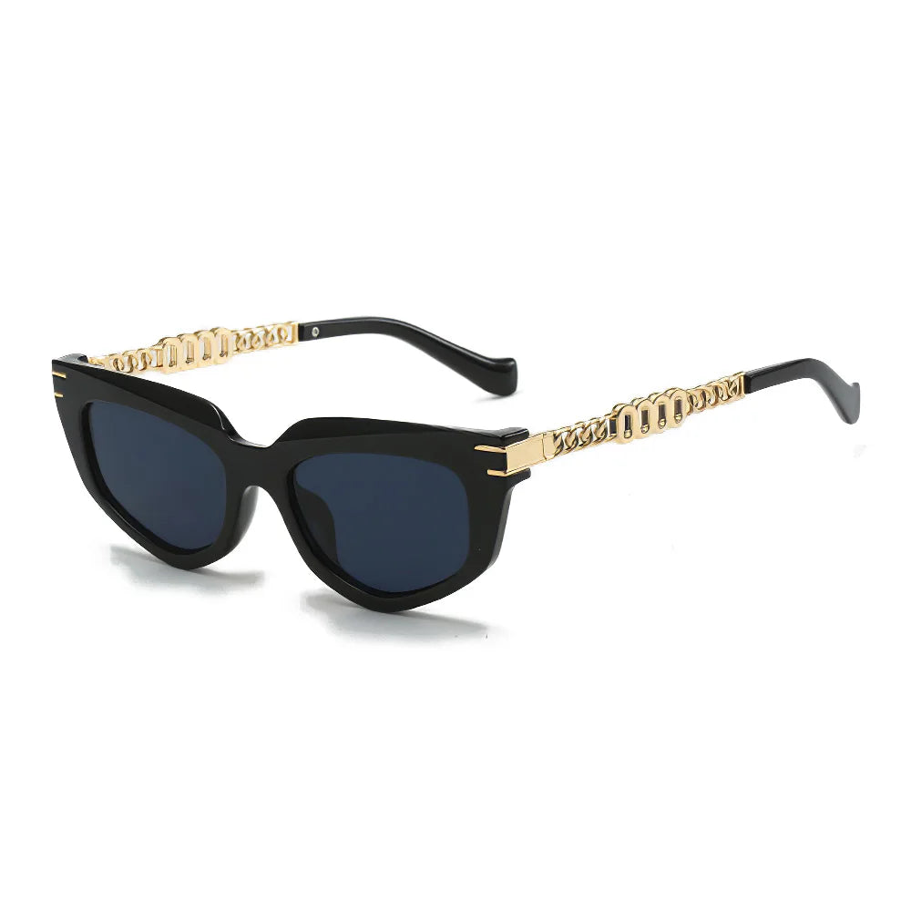 Lunettes Oeil De Chat Luxe Avec Chaîne Or Doré Détails Vintage Verres Dégradés Bruns UV Protection