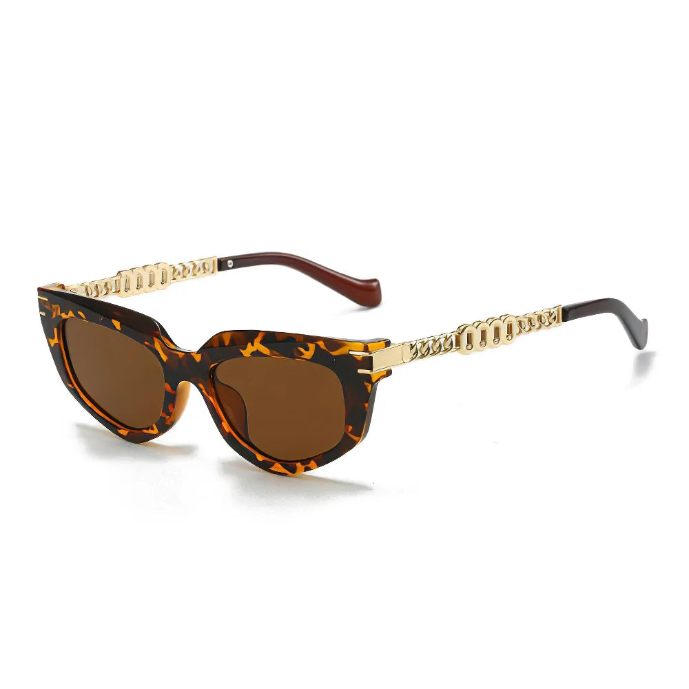 Lunettes Oeil De Chat Luxe Avec Chaîne Or Doré Détails Vintage Verres Dégradés Bruns UV Protection