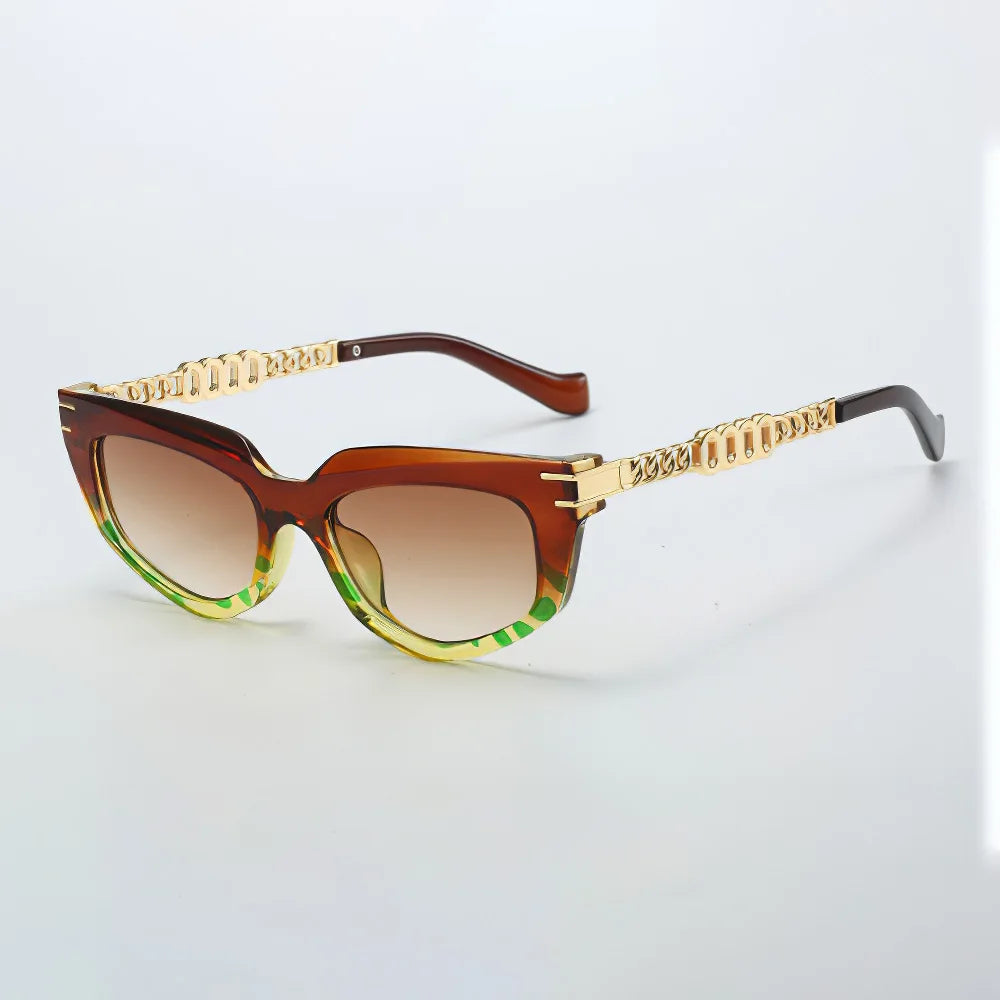 Lunettes Oeil De Chat Luxe Avec Chaîne Or Doré Détails Vintage Verres Dégradés Bruns UV Protection