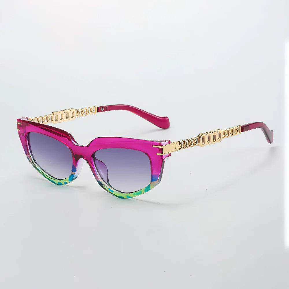 Lunettes Oeil De Chat Luxe Avec Chaîne Or Doré Détails Vintage Verres Dégradés Bruns UV Protection