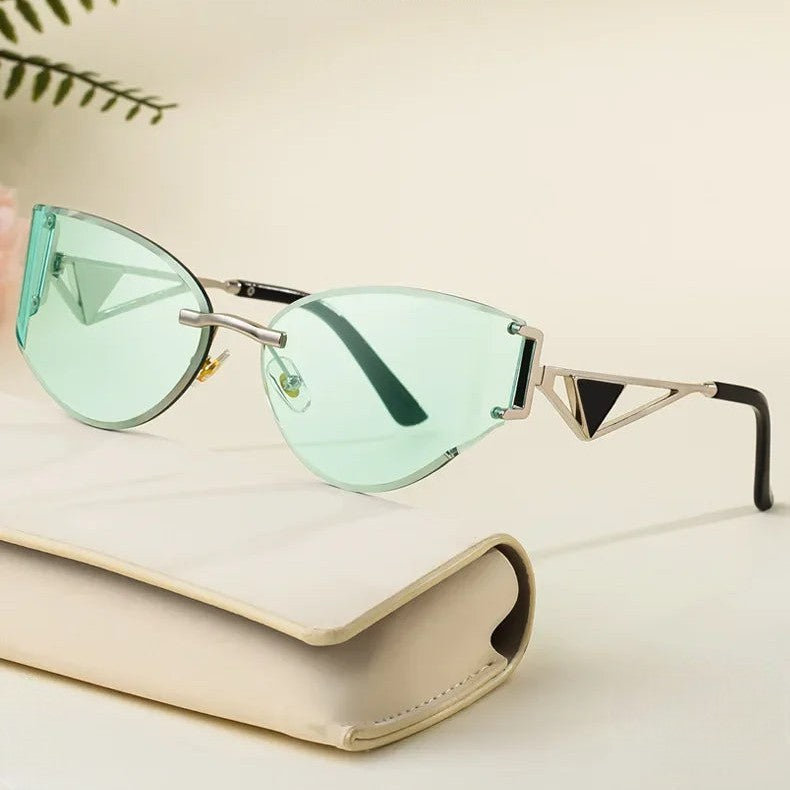 Lunettes De Soleil Sans Monture Œil De Chat Zina Luxe Avec Bras Métalliques Géométriques Et Verres UV Protégés