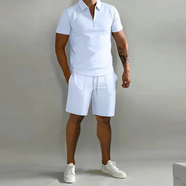 Ensemble Homme Polo Manches Courtes Zip Slim Fit Avec Shorts À Cordon Pour Activité Décontractée