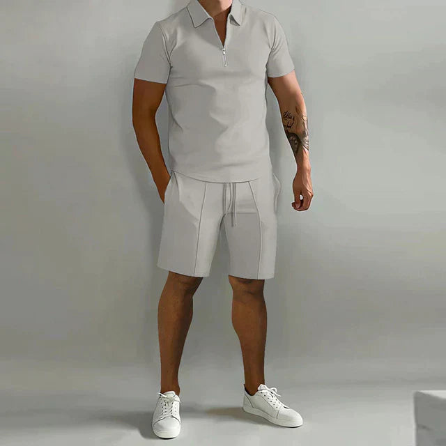 Ensemble Homme Polo Manches Courtes Zip Slim Fit Avec Shorts À Cordon Pour Activité Décontractée