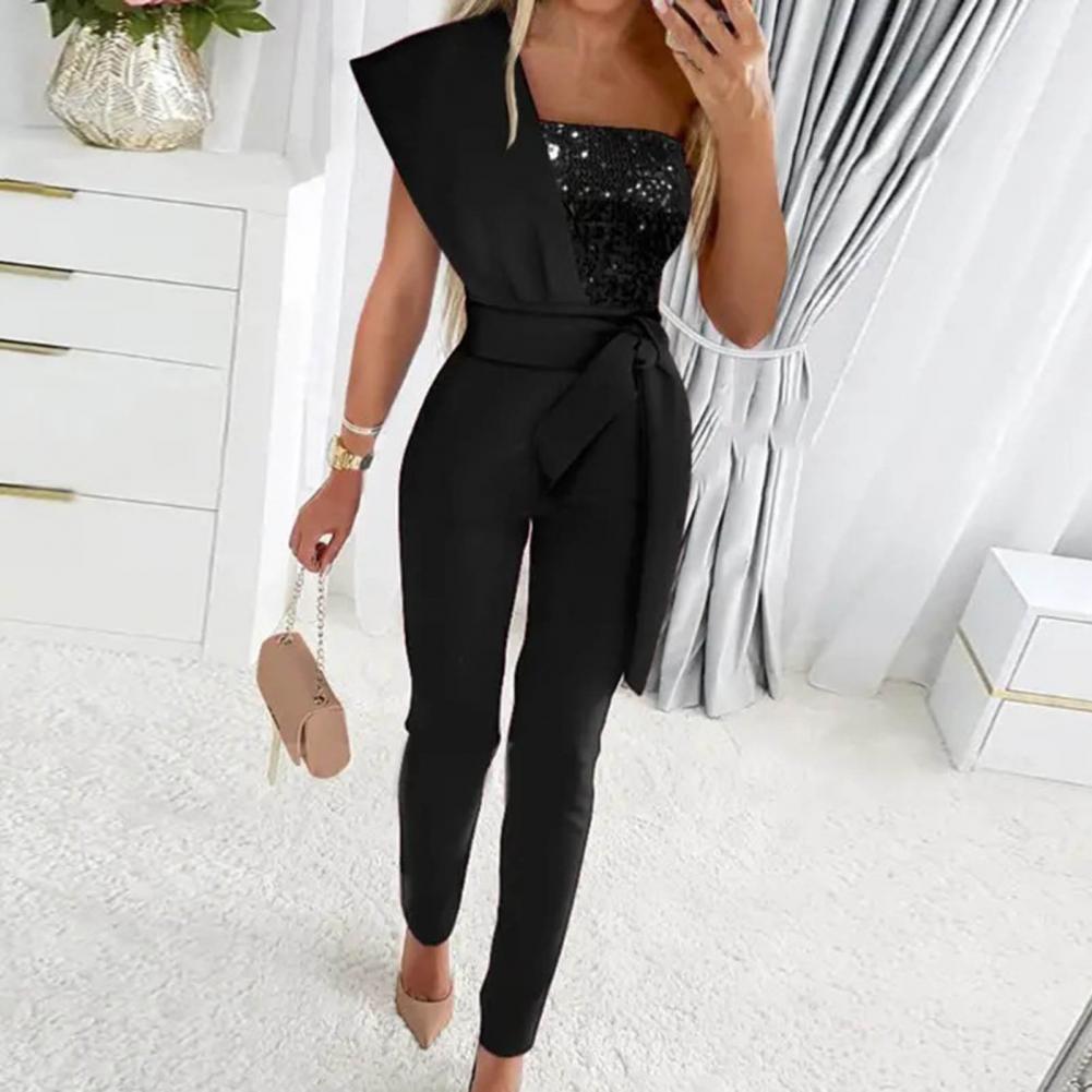 Savannah Combinaison À Une Épaule Avec Sequins Brillants Silhouette Structurée Confort Moderne Pour Fêtes
