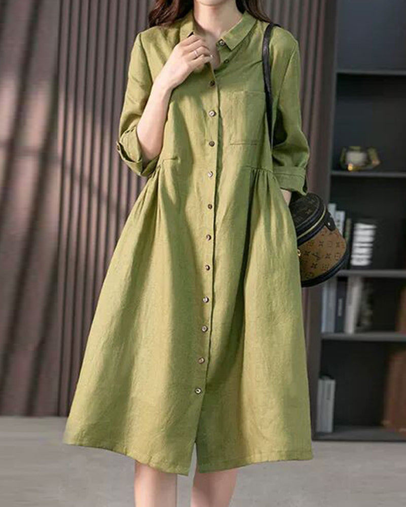 Robe Chemise Amawinc Femme Genou Longueur Silhouette A Line Tissu Léger Mélange Lin Manches Trois Quarts