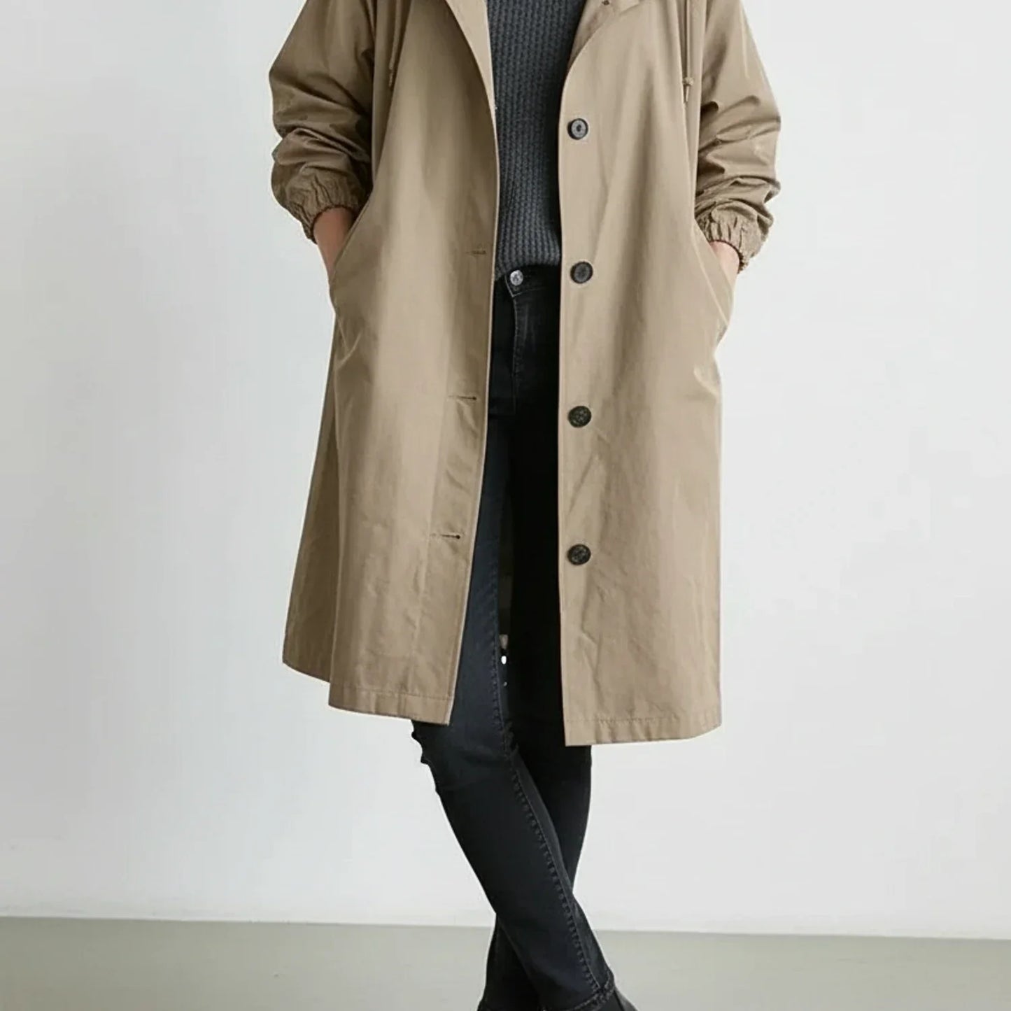 Manteau Long à Capuche pour Femme Coupe A Ligne Avec Boutons Poches Latérales et Cordons de Capuche Raglan