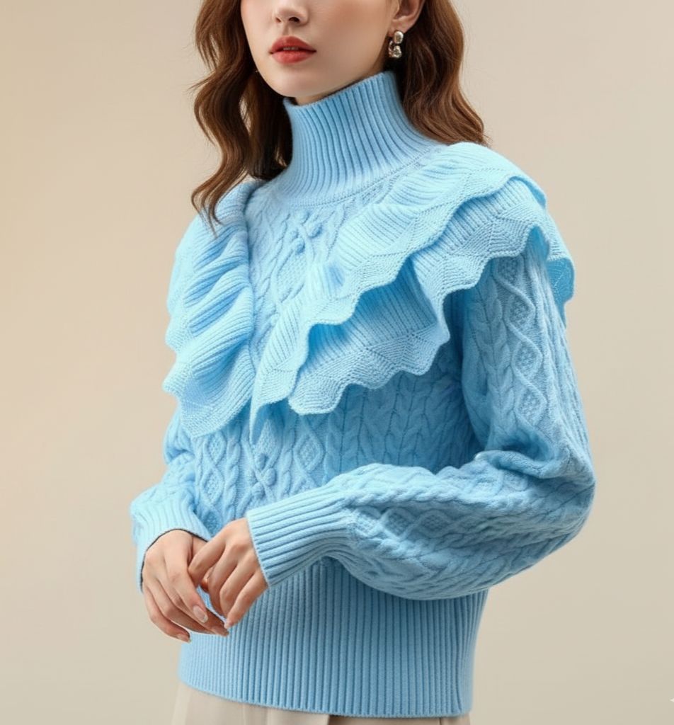 Pull Femme Amawinc à Épaules Volants en Maille Câblée Col Haut Chic Très Élégant Idéal Jour et Soir