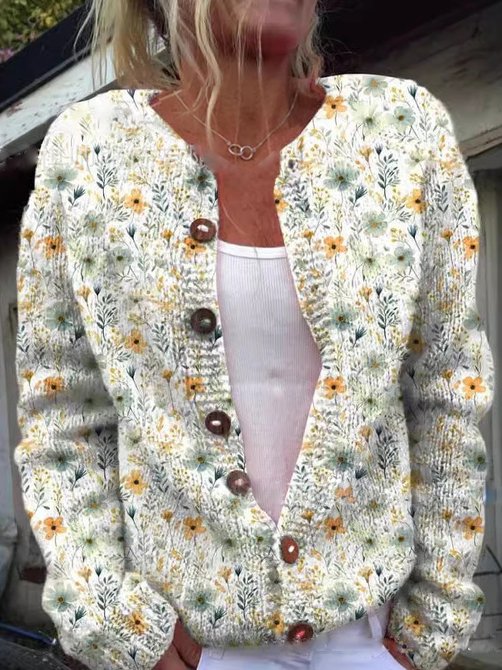 Gabriella Cardigan Long À Boutons Pour Femmes Avec Motif Floral Confort Chaud Et Polyvalent Pour Saison Hivernale