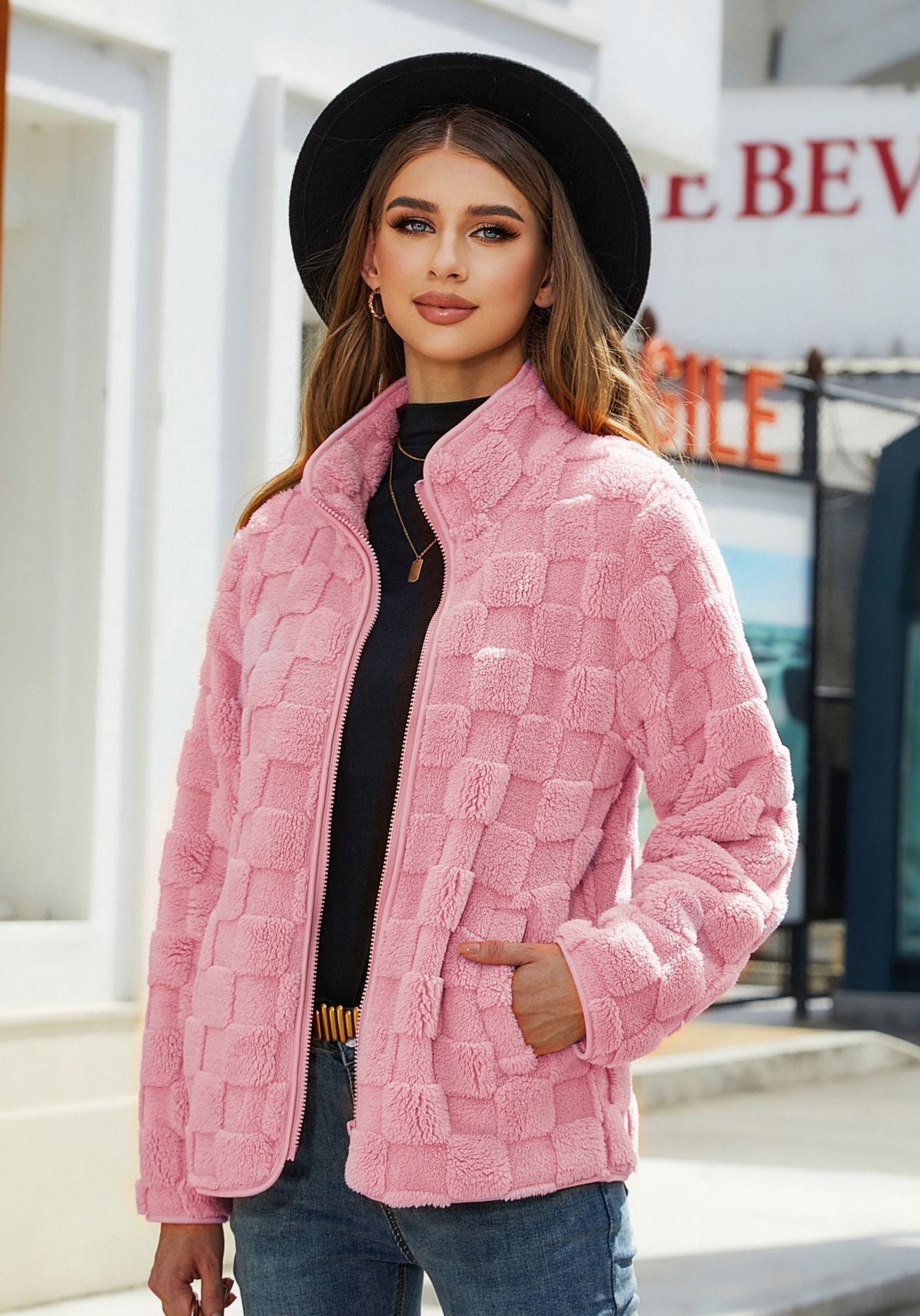 Veste Polaire Femme Zip Col Montant Confortable Pour Hiver Chaud Moderne Avec Motif Carreaux