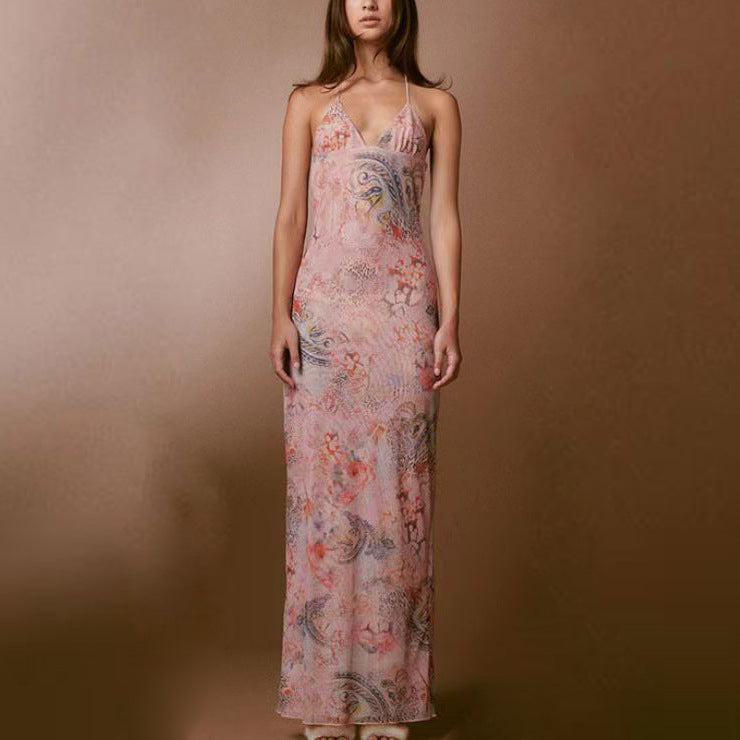 Fudus Blumenmuster-Halterkleid mit Spaghettiträgern, figurbetonter Passform und Schmetterlingsrücken