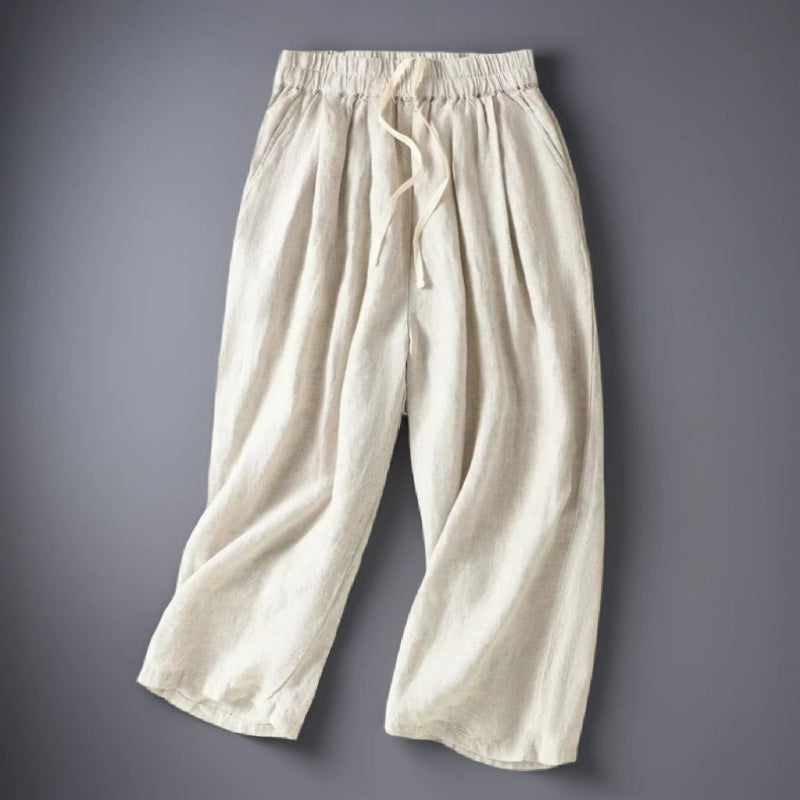 Pantalon Katia en Lin Coupe Large Courte et Taille Élastique avec Cordon Ajustable