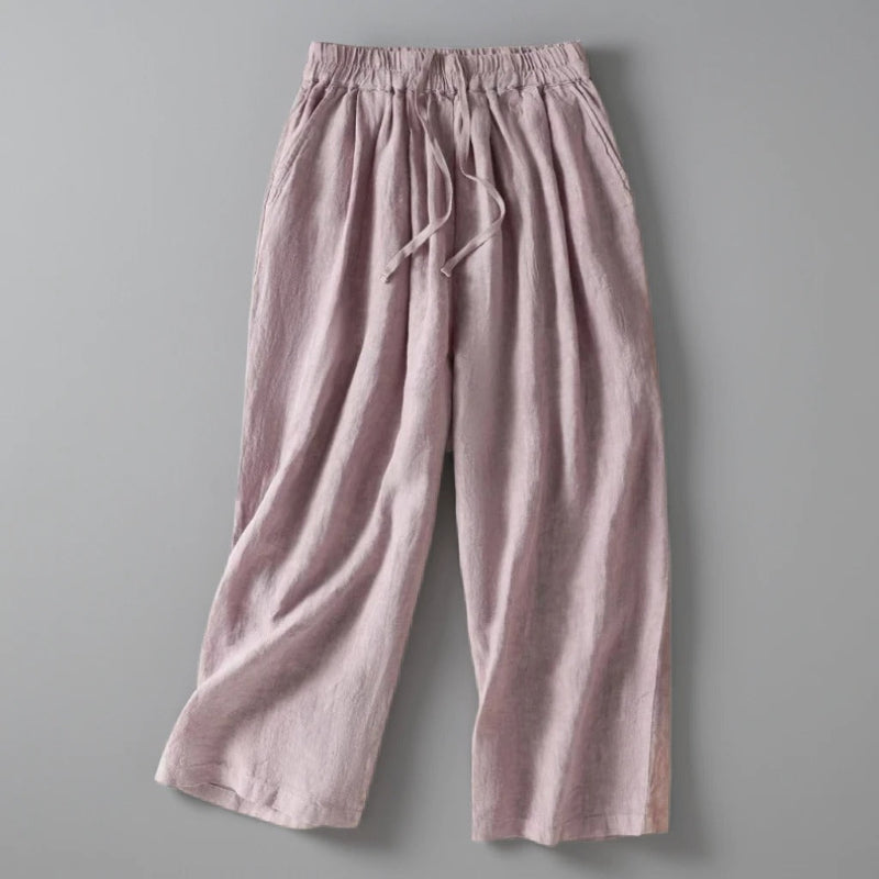 Pantalon Katia en Lin Coupe Large Courte et Taille Élastique avec Cordon Ajustable