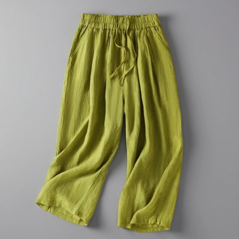 Pantalon Katia en Lin Coupe Large Courte et Taille Élastique avec Cordon Ajustable