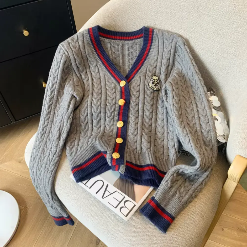 Annie Preppy Cardigan Femme En Maille Douce Avec Col V et Mélange Cachemire Torsadé