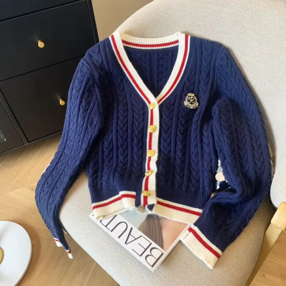 Annie Preppy Cardigan Femme En Maille Douce Avec Col V et Mélange Cachemire Torsadé