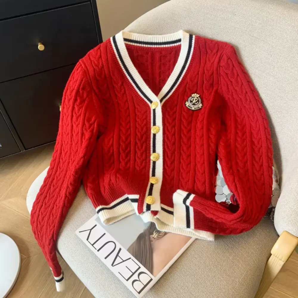 Annie Preppy Cardigan Femme En Maille Douce Avec Col V et Mélange Cachemire Torsadé