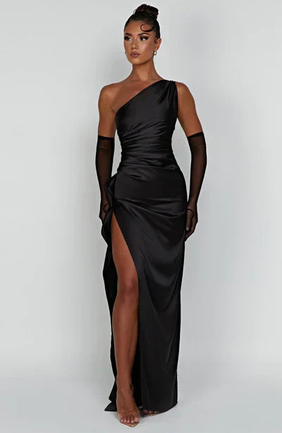 Amawinc Robe de Soirée Femme Satin Champagne Élégante Une Épaule Fente Haute Moulante Longue