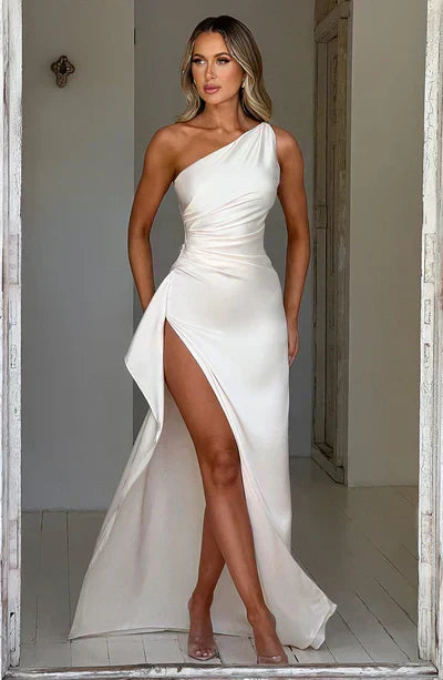Amawinc Robe de Soirée Femme Satin Champagne Élégante Une Épaule Fente Haute Moulante Longue