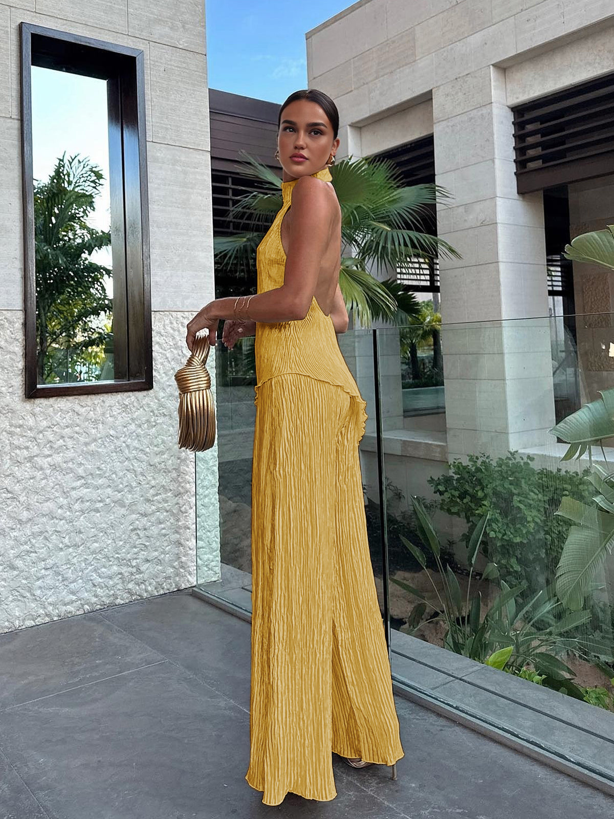 Ensemble Haut Court À Halter Asymétrique Et Pantalon À Jambe Large Satin Élégant Pour Vacances