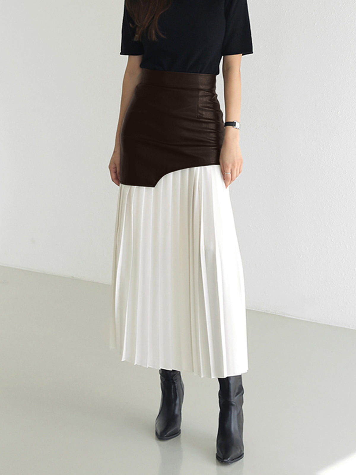 Jupe Midi Patchwork Asymétrique En Simili Cuir Et Chiffon Plissée Pour Femme Chic Polyvalente Bureau Dîner