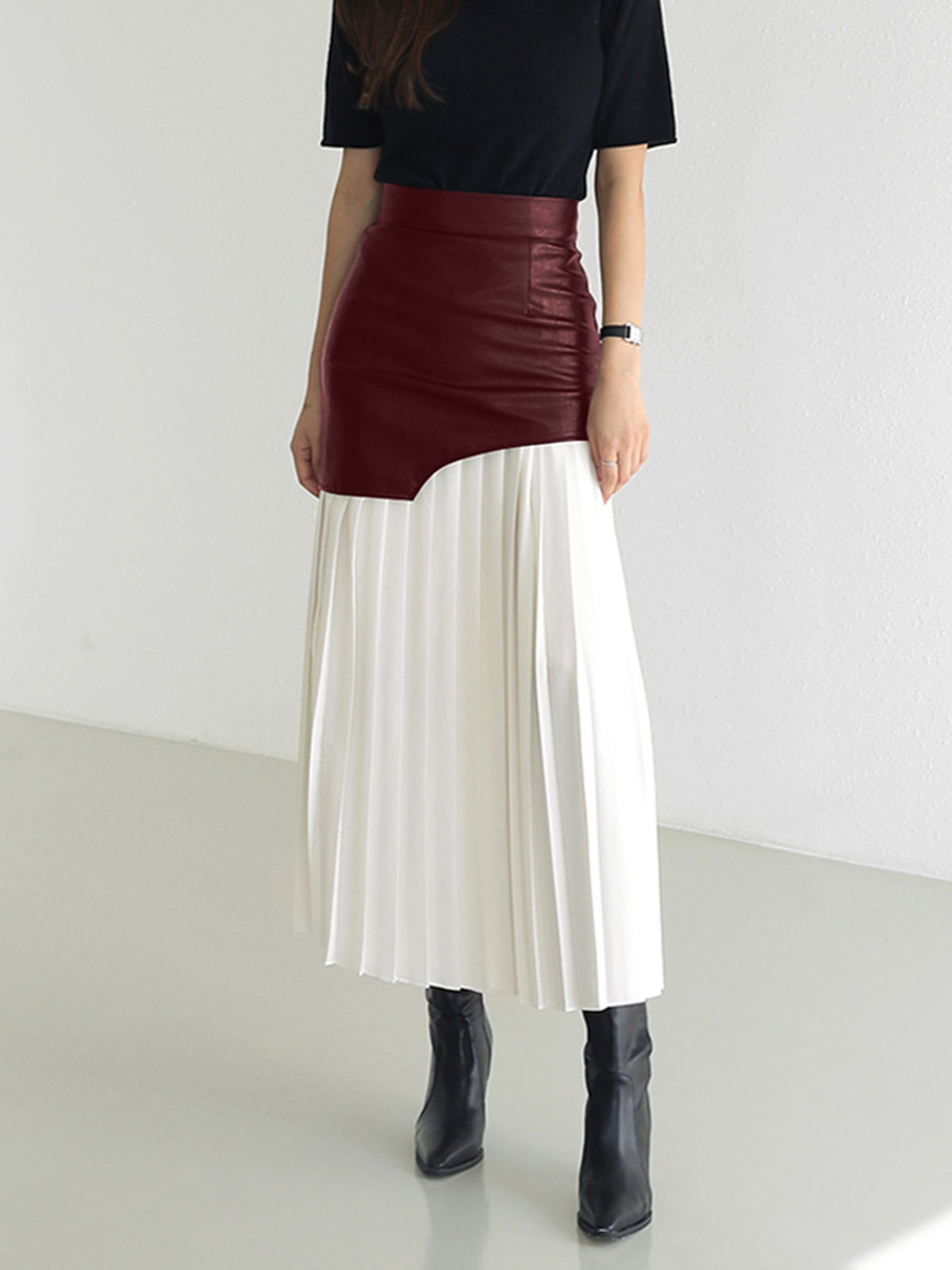 Jupe Midi Patchwork Asymétrique En Simili Cuir Et Chiffon Plissée Pour Femme Chic Polyvalente Bureau Dîner