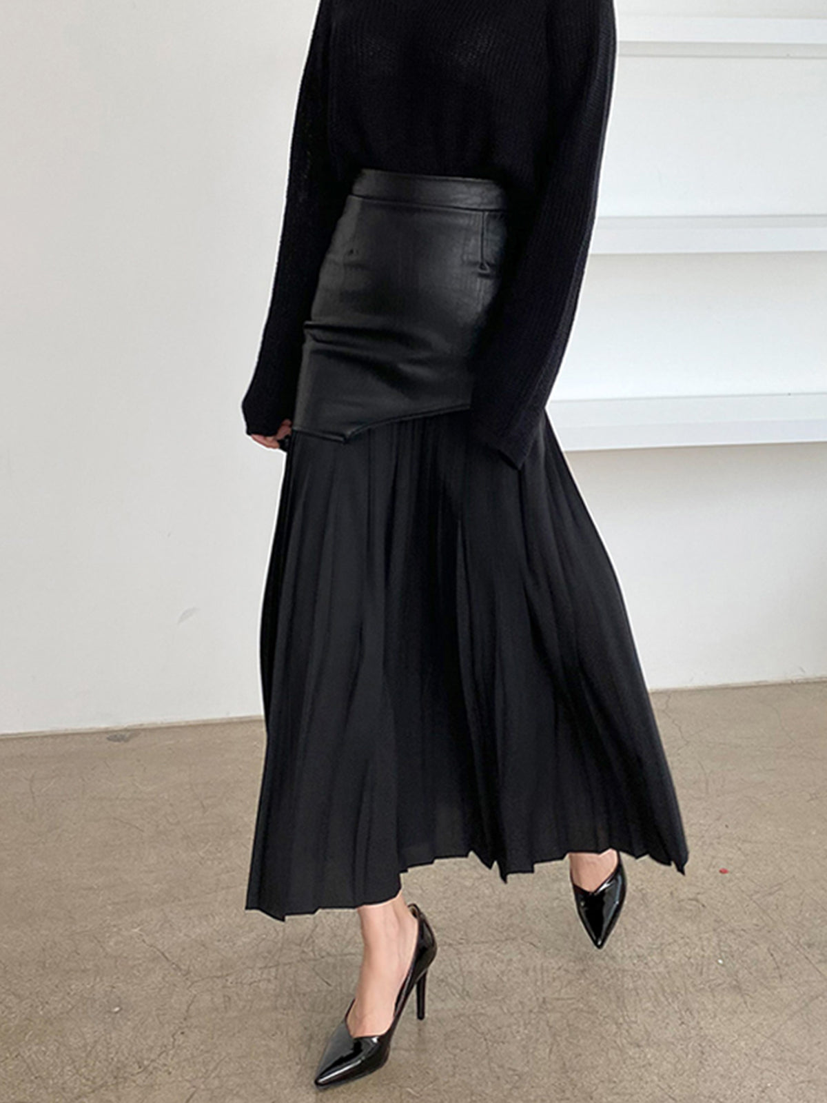 Jupe Midi Patchwork Asymétrique En Simili Cuir Et Chiffon Plissée Pour Femme Chic Polyvalente Bureau Dîner