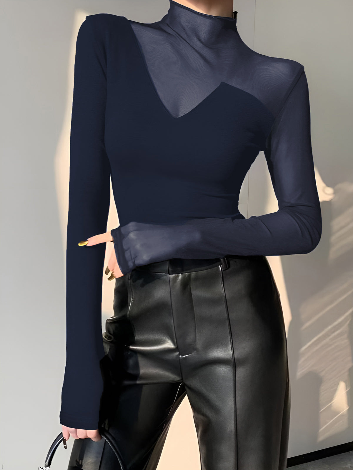 T Shirt En Maille Transparente Asymétrique Avec Panneaux Mesh Manches Longues Col Ras De Cou Pour Travail Et Loisirs