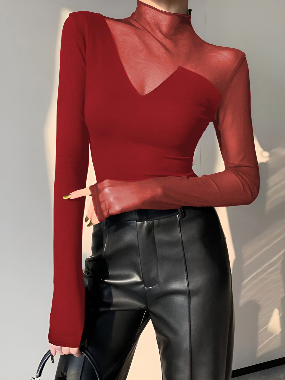 T Shirt En Maille Transparente Asymétrique Avec Panneaux Mesh Manches Longues Col Ras De Cou Pour Travail Et Loisirs