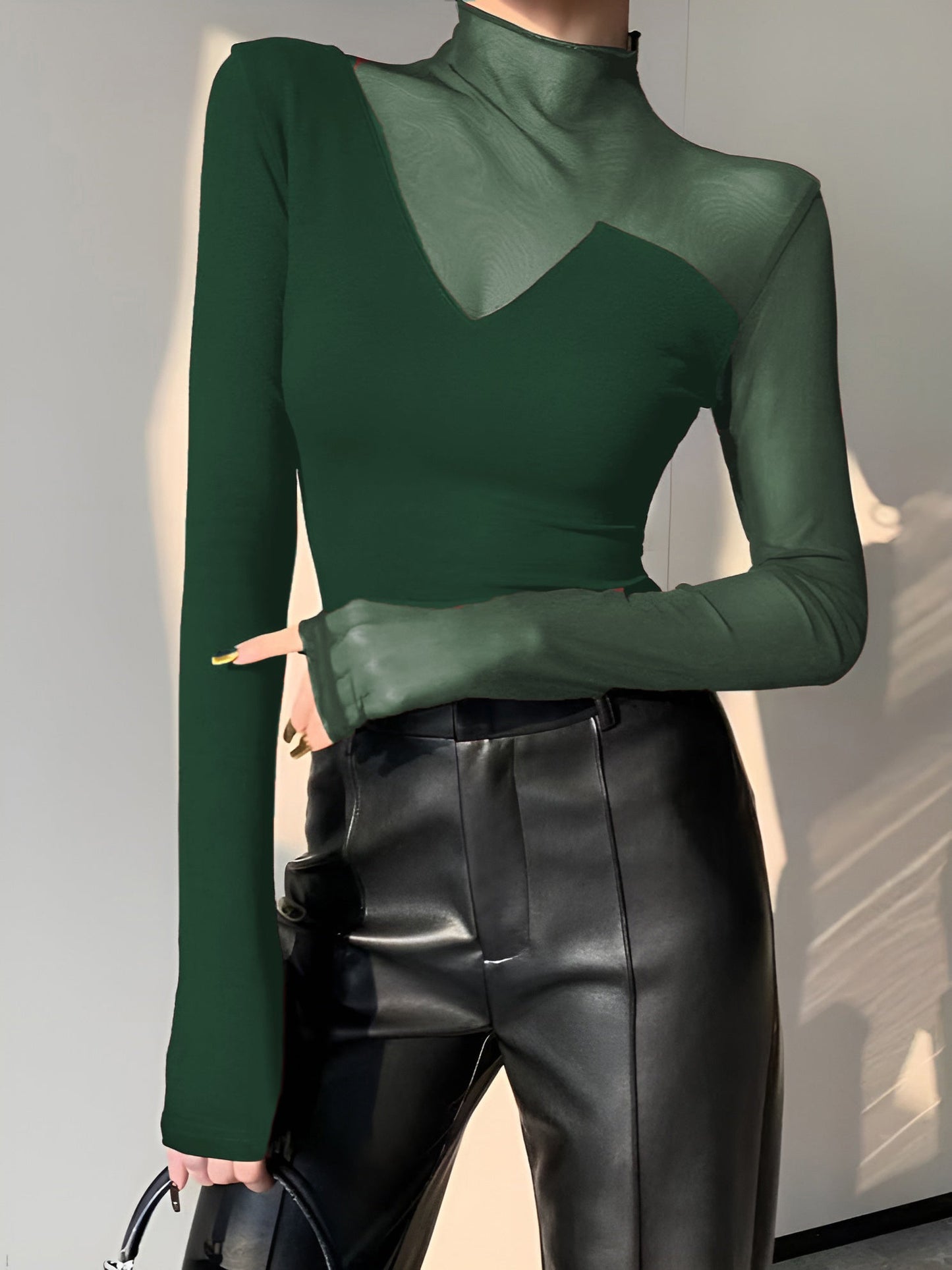 T Shirt En Maille Transparente Asymétrique Avec Panneaux Mesh Manches Longues Col Ras De Cou Pour Travail Et Loisirs