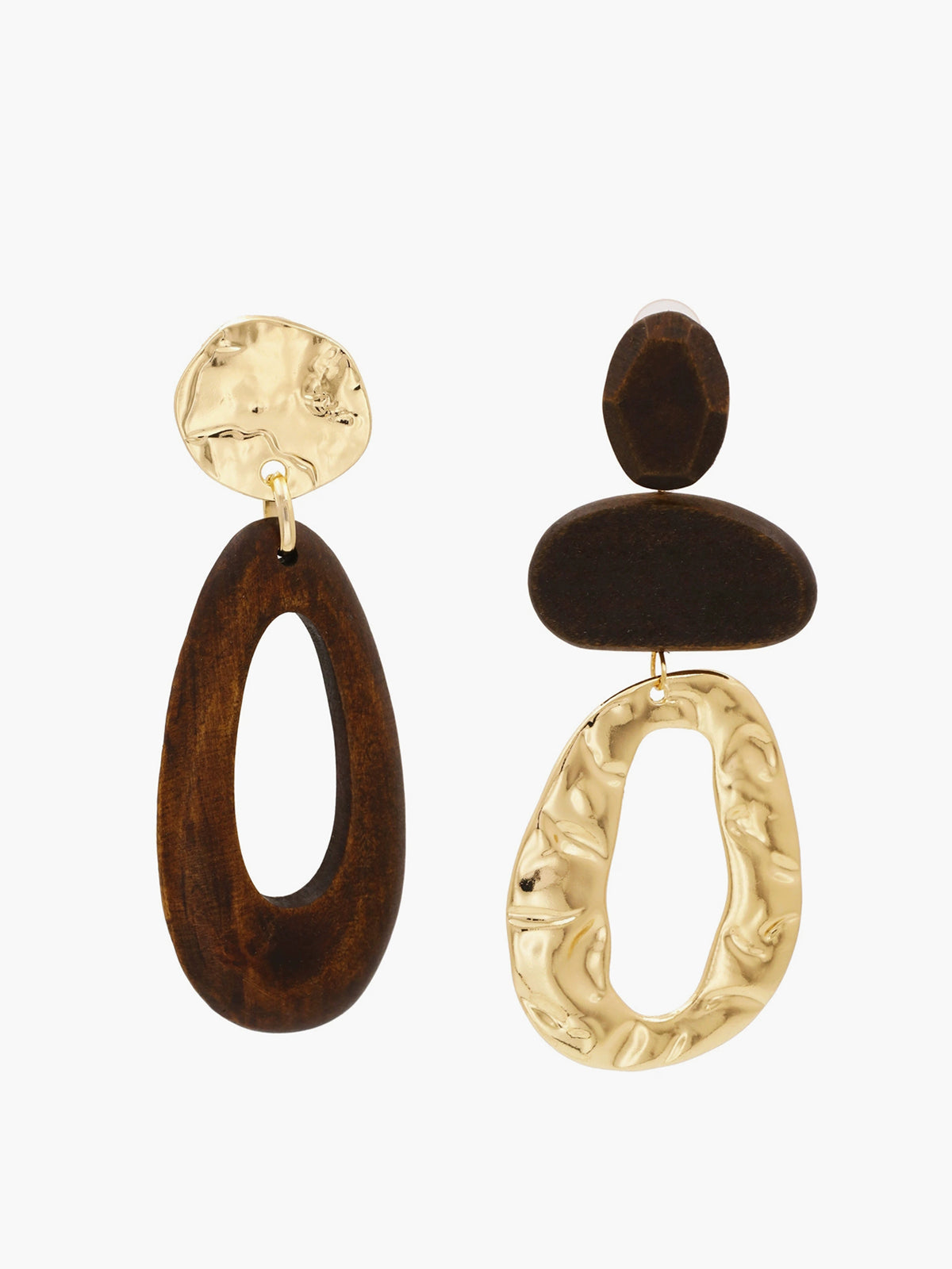 Asymmetrical Wood & Metal Drop Earrings - Amawinc
