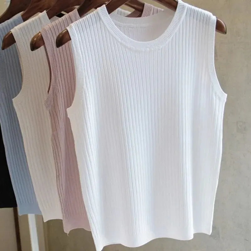 Ava Veste Sans Manches Tricotée Été Col Rond Décontractée Pour Femme Avec Shorts Ou Jeans