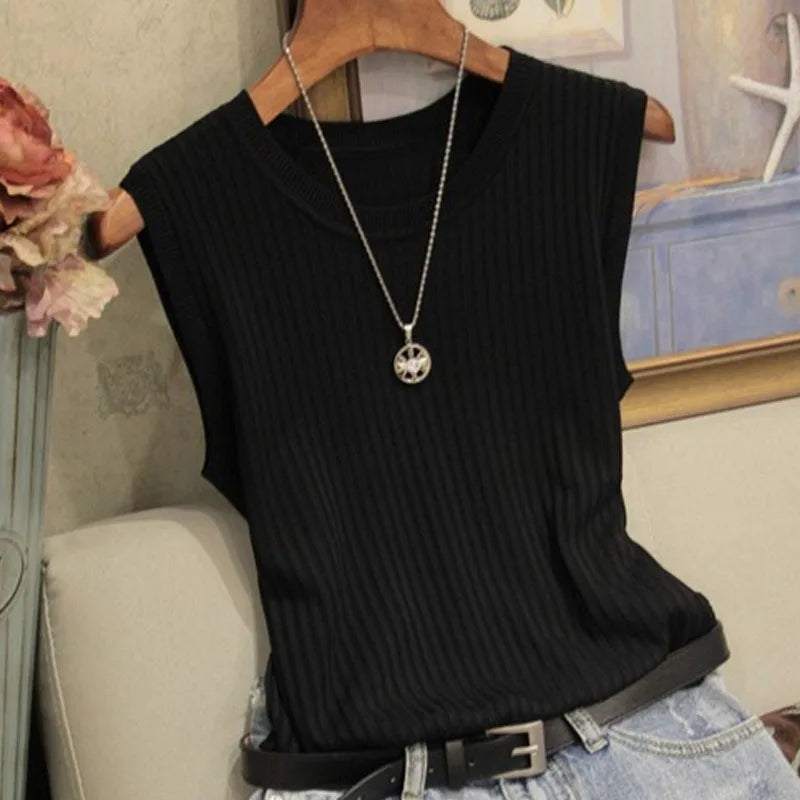 Ava Veste Sans Manches Tricotée Été Col Rond Décontractée Pour Femme Avec Shorts Ou Jeans