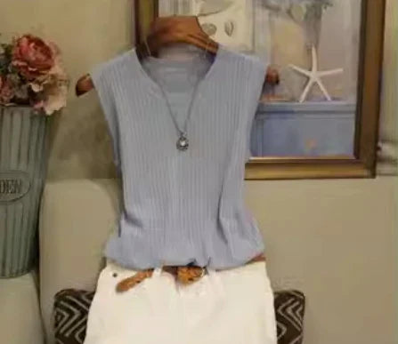 Ava Veste Sans Manches Tricotée Été Col Rond Décontractée Pour Femme Avec Shorts Ou Jeans