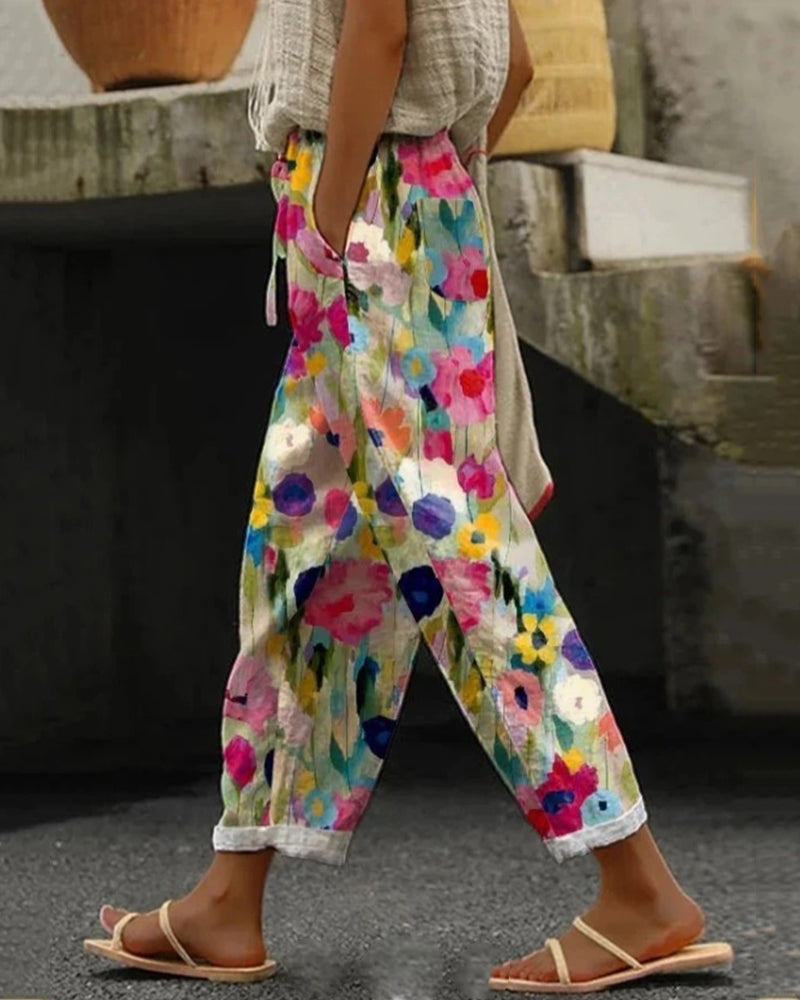 Pantalon Femme Ample Taille Haute Élastique Léger Imprimé Floral À Jambes Larges Confortable