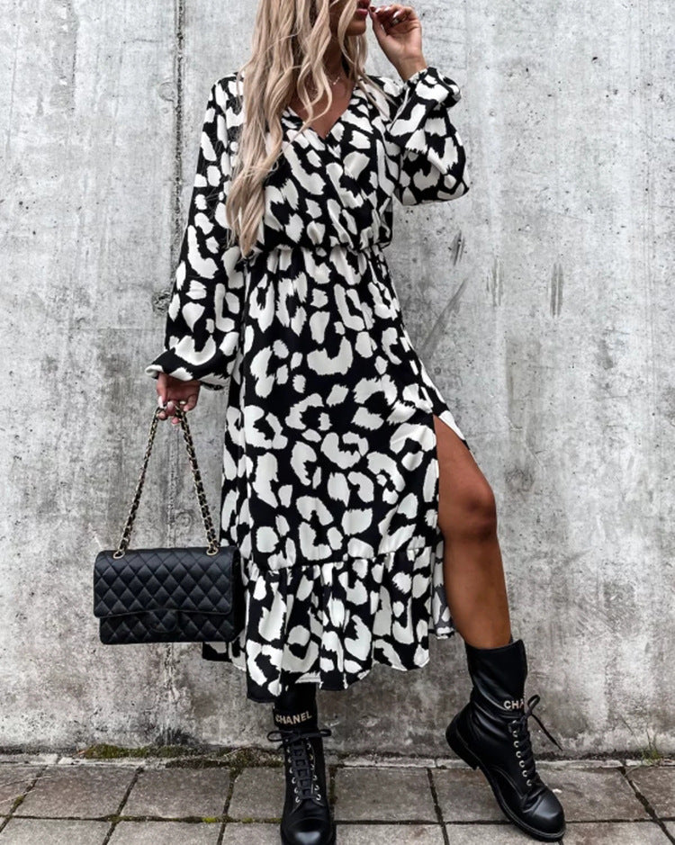 Robe Maxi Longue À Fente Imprimé Léopard Taille Élastique Léger Style Chic Pour Quotidien
