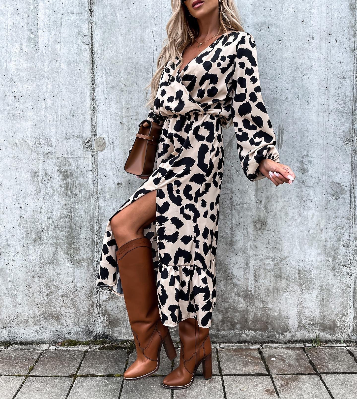 Robe Maxi Longue À Fente Imprimé Léopard Taille Élastique Léger Style Chic Pour Quotidien