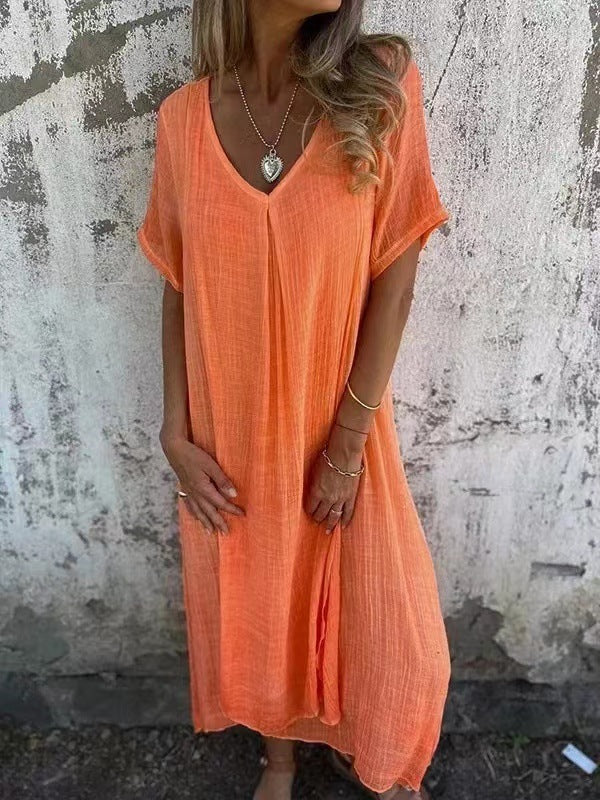 Baumwoll-Leinen Kleid mit V-Ausschnitt von Fudus - halbformell