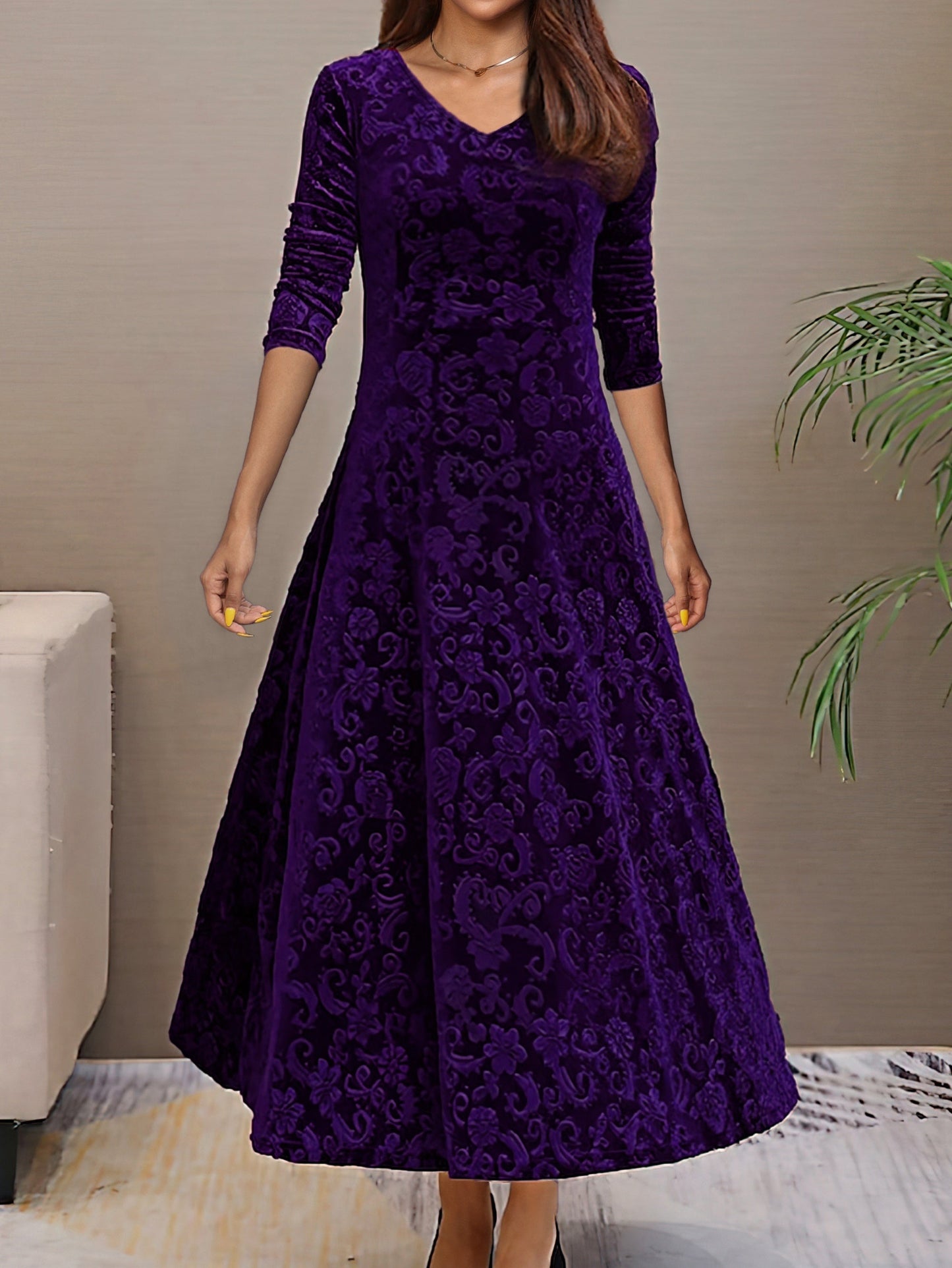 Robe De Soirée Femme En Velours Avec Décolleté En V Silhouette A Ligne Manches Trois Quarts Motif Floral Amawinc