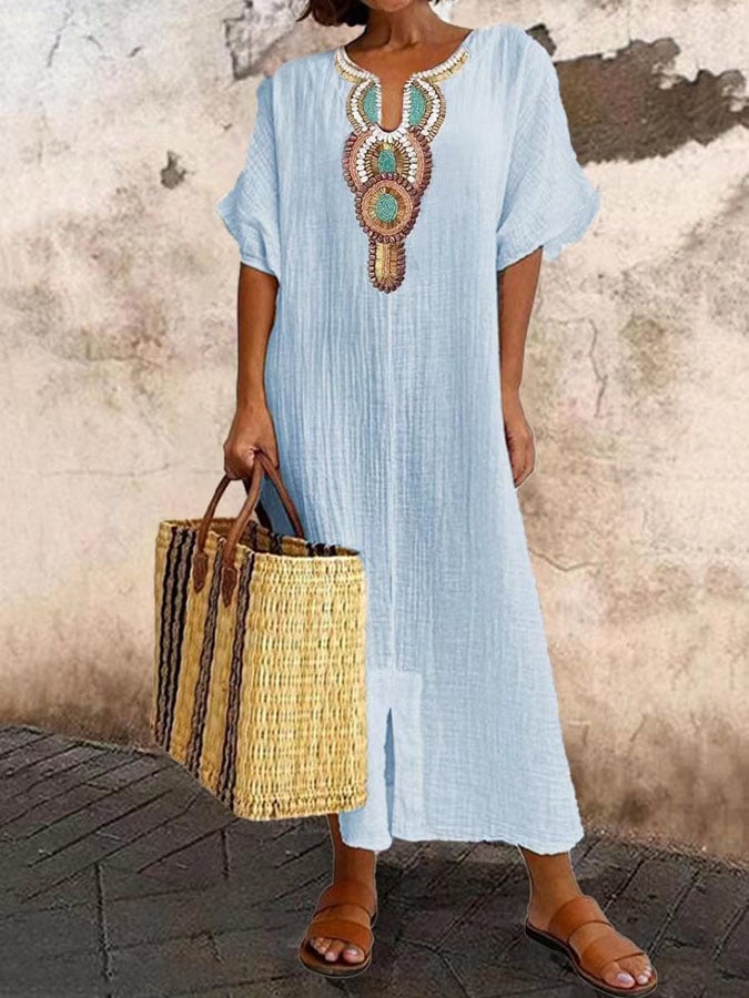 Robe Kaftan Femme Coupe Décontractée Encolure Brodée Mélange Coton Froissé Idéale Été Vacances Confortable