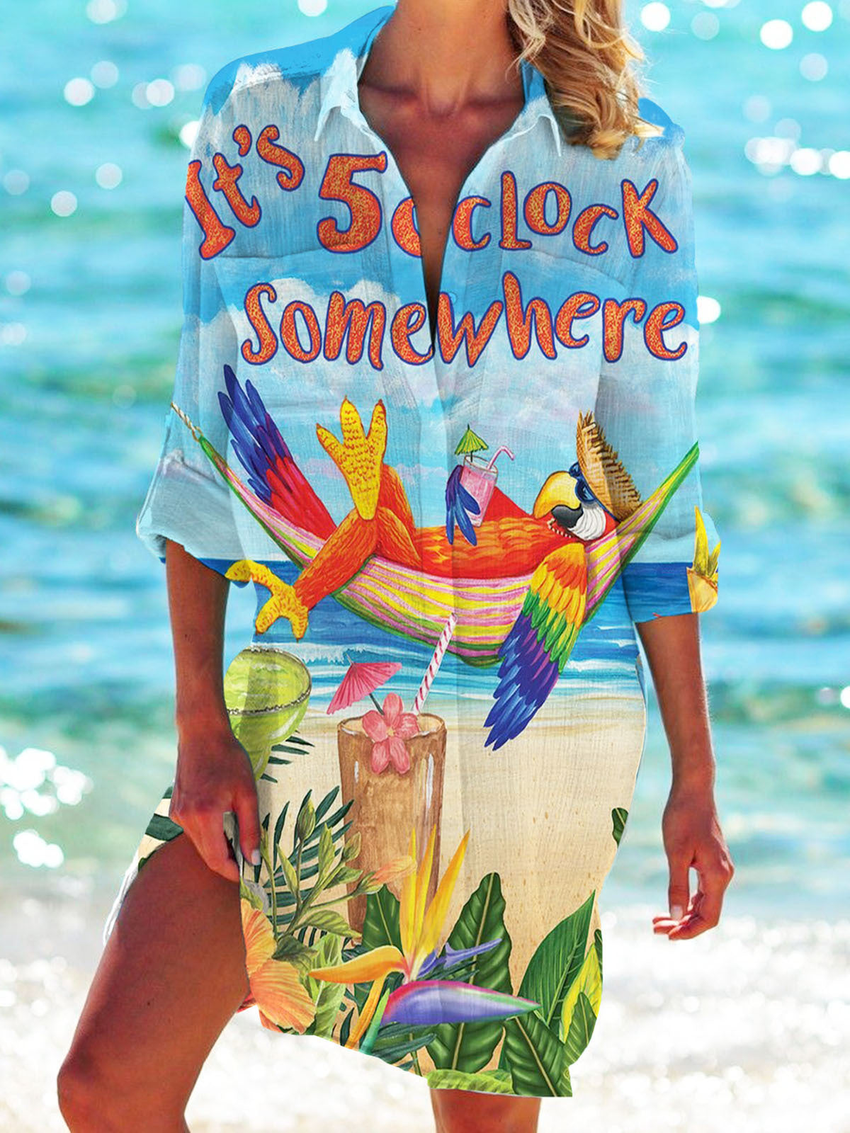 Strandkleid, Strickjacke, Badeanzug, Damenmode,  Fudus Print-Hemd für den Urlaub