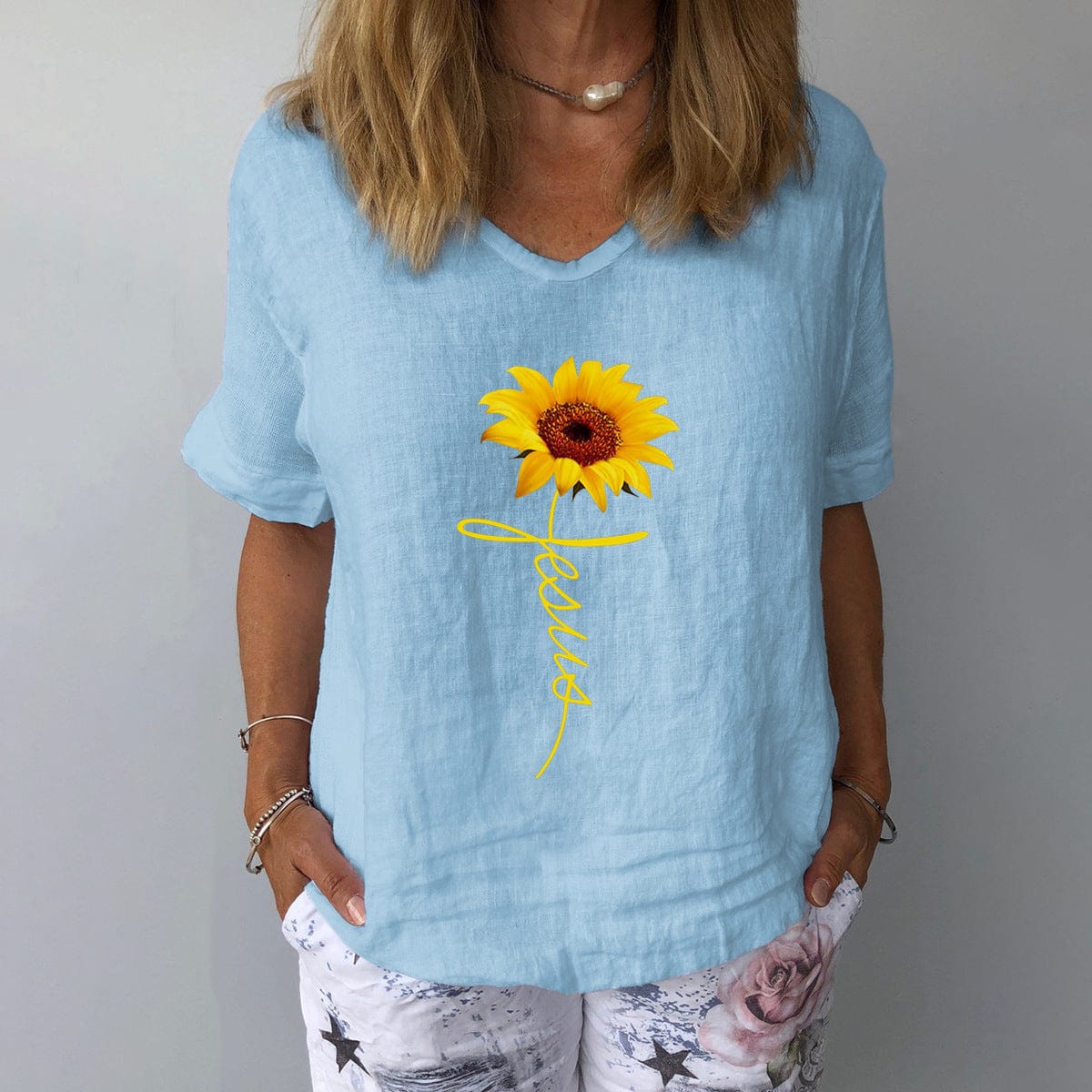 Damen Sommerbluse: Leinen Baumwolle, locker geschnitten, V-Ausschnitt, kurz - Fudus