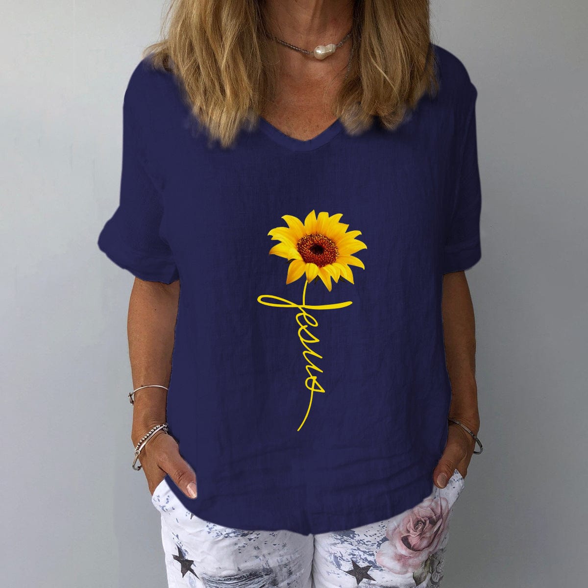 Damen Sommerbluse: Leinen Baumwolle, locker geschnitten, V-Ausschnitt, kurz - Fudus