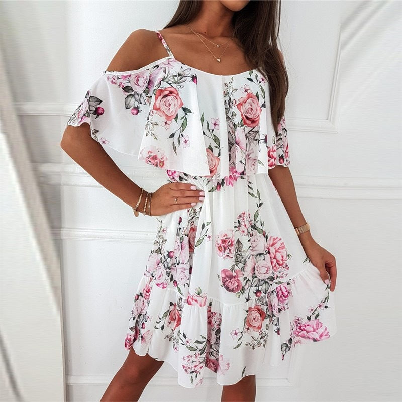 Damenkleid mit Blumenmuster, Rüschen und schulterfreiem Design von Fudus